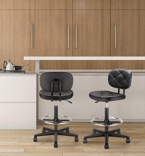 KLASIKA Tall Drafting Rolling Stool Chair with Low Back Support and Adjustable Foot Rest Ring Set of 4 PU Leather Vinly Wide Seat Swivel Standing Desk Chair for Office Home 4 Pack