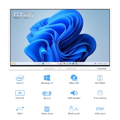 GTek 65" Smart Board, 4K UHD Interactive Whiteboard, Touch Screen Digital Electronic Whiteboard with Android 13 (8+128GB) & Windows i7 Dual OS, Long-Life Design for Classroom, Office,and Home