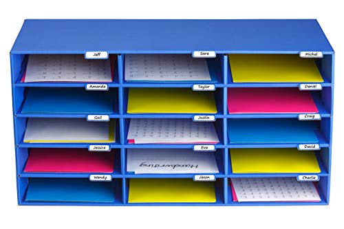 AdirOffice Cardboard Classroom Mailbox, and Office Mail Organizer with Name Slots, (15 Slot, Blue)