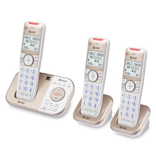 AT&T BL3112-3 3-Handset DECT 6.0 Cordless Phone for Home with Bluetooth Connect to Cell, Smart Call Blocker, Answering Machine, Caller ID, Expandable up to 5 Handsets, Champagne Gold/White
