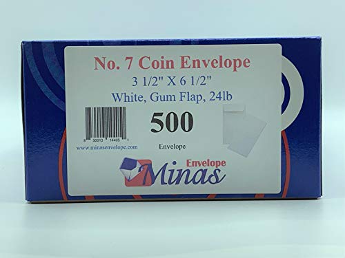 500 Minas Envelope - #7 Coin and Cash Envelopes, 24lb. White Paper, 3-1/2 x 6-1/2 Inches, 500 Count, Gummed Flap, for Storage, Organization, Small Parts, Receipts, Jewelry, Crafts