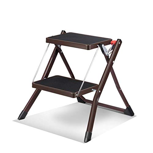 FLYIFE Step Stool Lightweight Two-Step Ladder, Steel Ladder Stool Children's Footstool Folding Safety Stepladders, Household Ladder/Brown