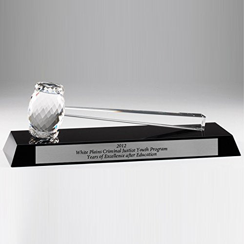 Customizable 13-3/4 x 4-1/4 Inch Optical Crystal Gavel and Block on Black Base, Includes Personalization