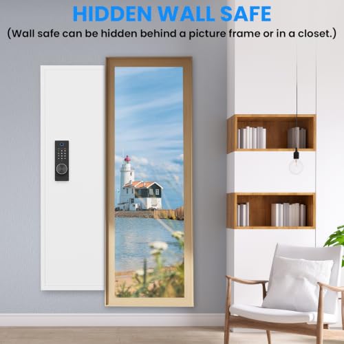 53 Inch Fingerprint In‑Wall Safe, Hidden Wall Gun Safe for Rifles, Heavy‑Duty Steel Wall‑Mounted Safe with Adjustable Shelves, Security Storage Cabinet for Firearms and Valuables, White