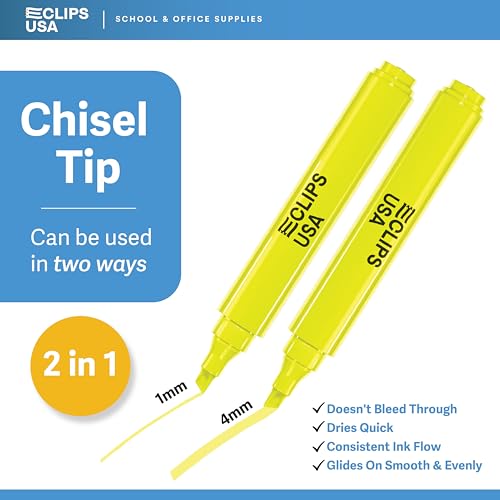 E-CLIPS USA Highlighters Bulk, Yellow Highlighter Markers, Chisel Tip, Fluorescent Yellow, Office Supplies, School Supplies (500 Pack)