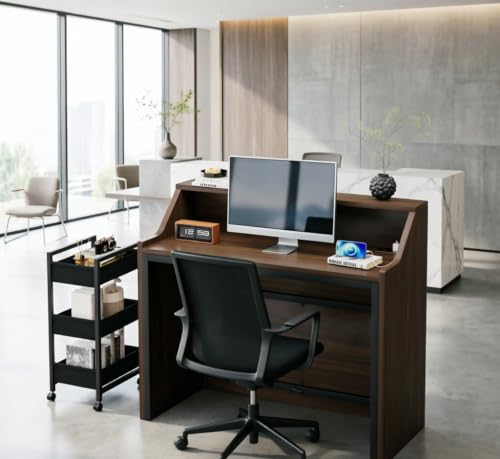 Reception Desk with Storage,Retail Checkout Counter, Office (Walnut+black)