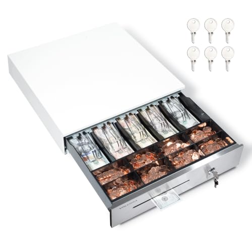 Volcora 16" Manual Push Open Cash Register Drawer for Point of Sale (POS) System - White and Stainless Steel Front Touch Panel - Durable with Removable Tray, 5 Bills and 8 Coin Slots, Key Lock