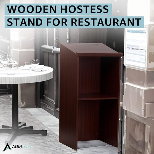 AdirOffice Wooden Podium with Storage Shelf - Speaking Lectern, Hostess Station for Restaurant, 46.25 Inches, Mahogany
