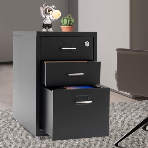 PerCbynne Vertical File Cabinet with Lock, 3-Drawer Metal Mobile Filing Cabinet, Fits Letter/Legal Size, Cold-Rolled Steel with Wheels, for Home Office Under Desk, Black, 11" x 16" x 18.3"