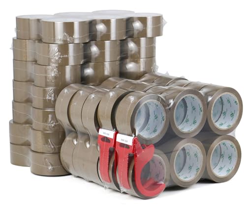 BOMEI PACK 72Rolls Brown Packing Tape with Dispenser, Bulk Box Packing Tape Rolls for Packaging, Shipping and Moving, 2.4Mil 1.88 Inch x 60 Yard
