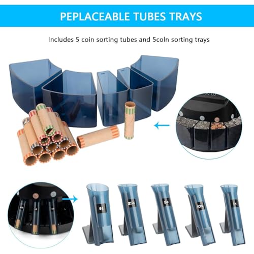 60W USD Coin Counter Machine, Coin Sorters for 1￠ 5￠ 10￠ 25￠ $1, with 5 Coin Bins & 5 Tubes, Tray Capacity: 300-500 Pieces& Coin Receiving Box Capacity: 80~150 Pieces, Holds 2000 Coins, for Cashier