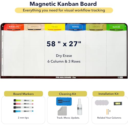 PMXBOARD 6 Column Kanban Board, Full Magnetic Dry Erase Scrum Board, Flexible Wall-Mount Agile Whiteboard for Workflow Tracking, Project Planning, Team Collaboration, 4 Markers & Eraser