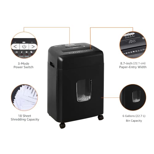 Amazon Basics 18 Sheet Cross Cut Paper, CD, and Credit Card Shredder with 6 Gallon Bin, 30 Minutes Continuous Run Time, Black