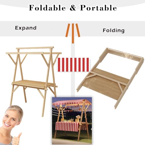 WLCGYD Portable Wooden Market Stall Display Stand for Outdoor Vendor, Foldable Kiosk Booth with Awning for Hot Dog/Ice Cream/Food, Commercial Use, 120cm 150cm(Orange,120x60cm/47.2x23.6in)