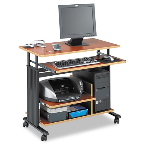 Scranton & Co Height Adjustable Wood Workstation, Cherry Finish, Mobile Computer Desk with Keyboard Tray, CPU Shelf, Printer Shelf, 4-Wheel Casters, 28" W x 29-34" H x 22" D for Home Office