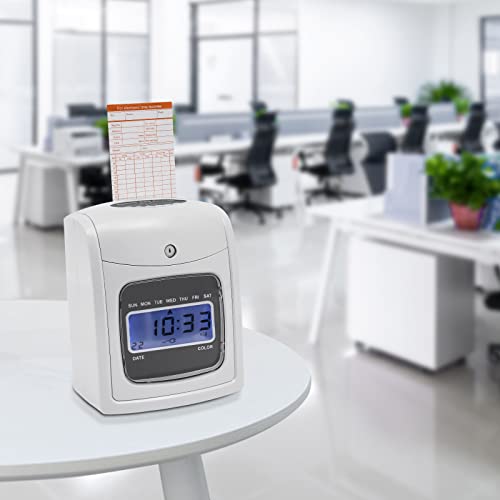 DUYIWAA Pyramid Time System Model, LCD Employees Time Clock Punch Card Staff Attendance Machine Time Card with 50 Cards & 2 Keys Automatic Time Calibration (White)