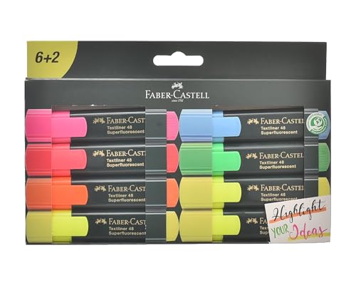 Faber-Castell 48 Highlighter Set, Chisel Tip, 8 Multi-Colored Markers, 1-5mm Line Width, Eco Friendly, Yellow, Orange, Red, Pink, Green, Blue