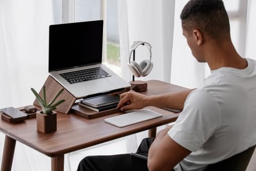 Oakywood Wooden Slanted Laptop Stand - Ergonomic Riser & Holder for 13-14" Laptops - Convenient Desk Stand Wood - 45x22x14cm - Walnut