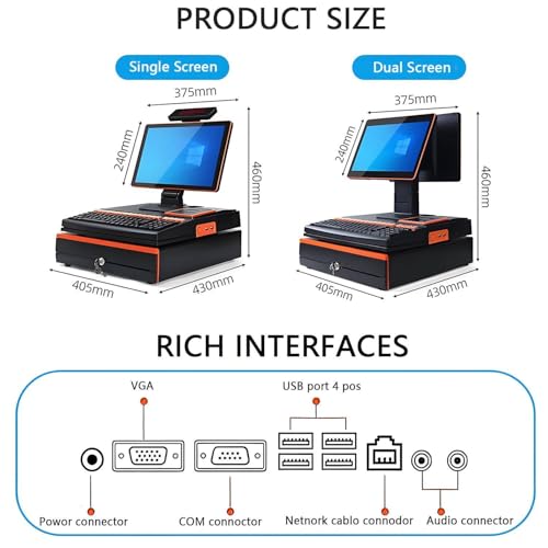 15.6 inch Touch Cash Register Terminal Customer-Facing Screen for Retail,POS Terminal with Handheld Scanner and 5 Paper Rolls, Cash Drawer, Keyboard Cash Register, for Restaurant White-SingleScreen