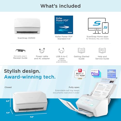 ScanSnap iX2500 Wireless or USB High-Speed Document Scanner, White