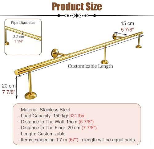 3 4 5 6 7 ft Extra-long Customizable Bar Foot Rail, Heavy Duty Coffee Shop Counter Footrest Hardware, Brushed Gold Home Bar Foot Rail(87cm/2.9ft)