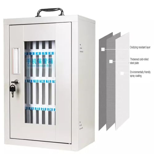 zktoermn Cell Phone Cabinet, All Steel Cell Phone Holder Classroom Wall-Mounted Pocket Chart Storage Cabinet Portable Cell Phone Storage Box, with A Locked (Color : White, Size : 24x21x28cm)