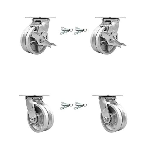 Heavy Duty Swivel Caster Set with 5 Inch V Groove Semi Steel Wheels and Ball Bearings-Includes 2 Swivel with Brakes and Bolt on Swivel Locks and 2 Swivel with Bolt on Swivel Locks-Service Caster Brand