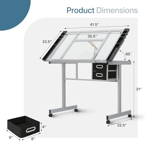 MIRAMINGLE Adjustable Tabletop Drafting Table, 0°-65° Angle Adjustments, Tempered Glass Top, Ideal for Artists & Designers, Alloy Steel Frame, 2 Drawers, Locking Wheels