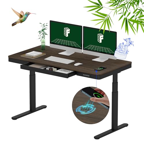 FLEXISPOT 55" Bamboo Standing Desk, Dual Motor 3 Stages Adjustable Height Electric Computer Workstation Wireless Charging, Drawer, Quick Install, 220lbs Capacity (Dark Bamboo Tabletop + Black Frame)