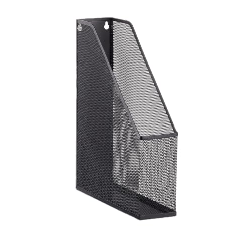Relaxdays Stand Metal Mesh Upright Lever Arch File A4 to C4, Archive Box, Eyelets For Wall Mounting, Document Holder, Metal, Black, 31.5 x 7.2 x 25 cm