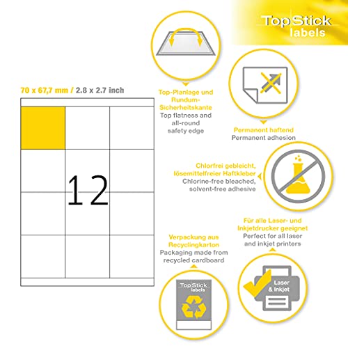 TopStick 8709 Multi-Purpose Labels, 12 Labels Per A4 Sheet, 70 x 67.7 mm, 12000 Labels, Self Adhesive, Stickers for Laser and Inkjet Printers, White