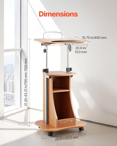 VEVOR Podium Stand, 43-Inch Wooden Lectern, Portable Laptop Desk with Lockable Wheels, Wide Reading Surface and Open Storage Area, Adjustable Height and Angle, for Speeches, Lectures, or Presentations
