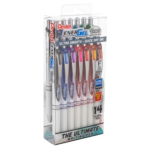 Pentel EnerGel RTX Pearl Liquid Gel Pen, (0.5mm) Needle Tip, Fine Line, Asstd. Ink, 14-Pk Plastic Box