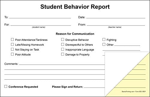Student Behavior Report Forms on 2 Part Carbonless Paper (Pack of 250)