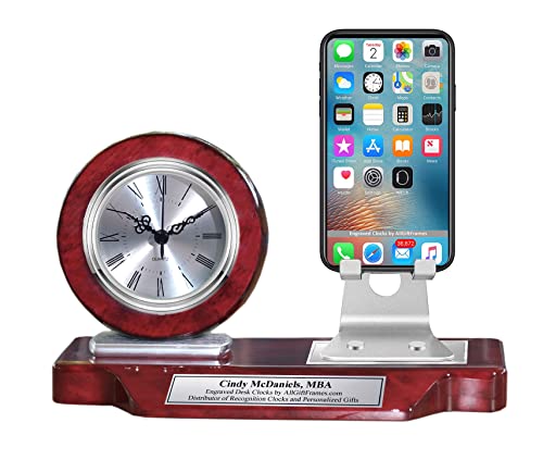 Engraved Nameplate Desk Clock Phone Holder Silver Office Gift Phone Stand