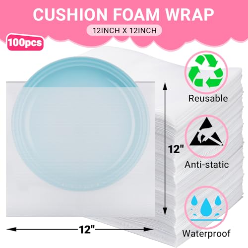 12"X 12" Cushion Foam Pouches, 100 Pack Foam Wraps Pouches, Packing Cushioning Supplies Protect Dishes, crafts, Glassware and Fragile Items, Protective Packing Sleeves for Moving, Packaging, Storage