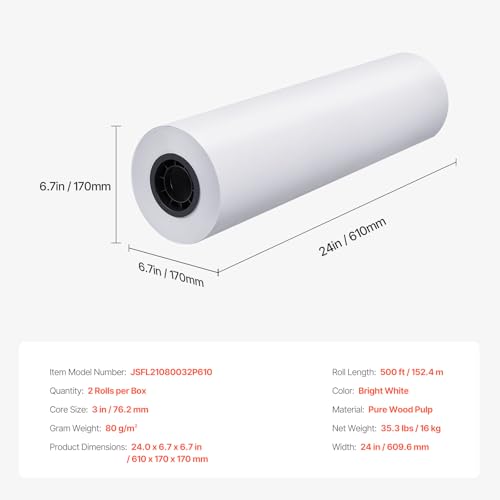VEVOR Wide Format Paper, 24 in x 500 ft Plotter Paper, 2 Rolls CAD Bond Rolls with 3 in Core, 20 LB Bond Paper Rolls, Idea for CAD Drawings, Engineering Plans, GIS Maps & Architectural Designs