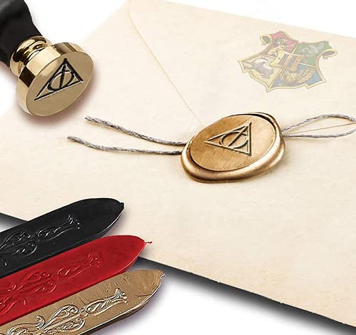 Harry Potter Deathly Hallows Wax Seal Stamp Kit with Brown Wood Handle and Red Gold and Black Sealing Wax