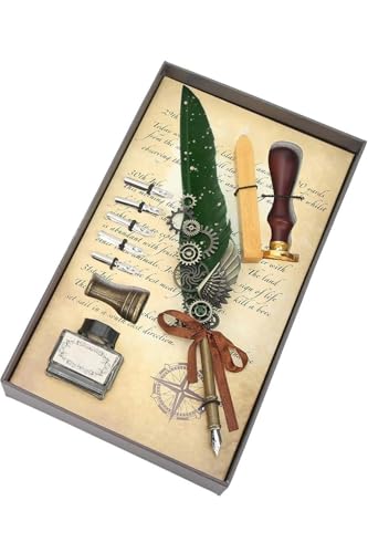 SODEF Feather Quill Pen Set Mechanical Wing Engraved Vintage Divit Calligraphy Writing Set - Multicolor