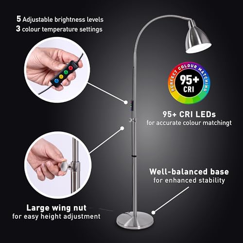 Daylight FlexiVision 2™ LED Floor Lamp – 3,500 Lux at 12", 5 Brightness Levels, 3 Color Temperatures, 95+ CRI, Adjustable Arm & Swivel Head, Anti-Tip Base, Low Vision Aid – Brushed Steel