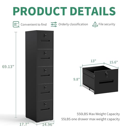 VIYET File Cabinet 5 Drawer with Lock, Vertical Filing Cabinets for Home Office, Metal Steel Storage Cabinet for Letter/Legal Size File, Assembly Required(Black)