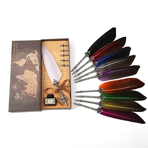 European Retro Engraving Metal Pen + Empty Bottle + 5 Replacement Nib + Feather Pen Wedding Birthday Halloween (Color : B) (C)