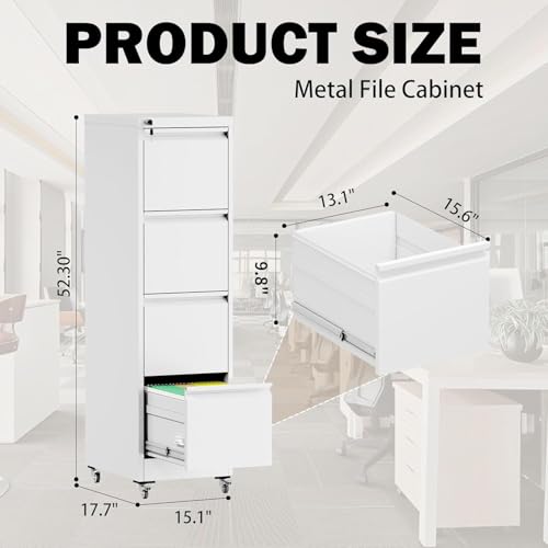 FOSTOKO File Cabinet with Wheels, 4 Drawer Metal File Cabinet, White