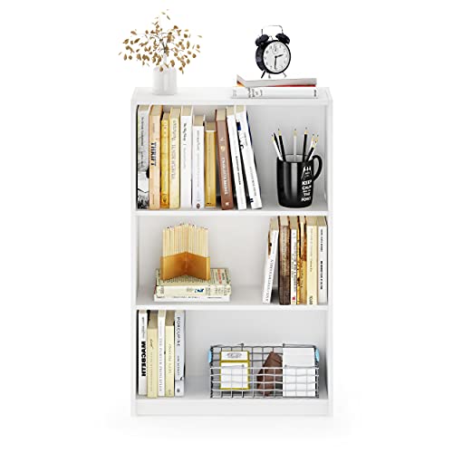 Furinno Jaya Book Shelf, 3-Tier Bookshelf, Bookcase with Adjustable Shelves, 9.5 x 24.5 x 40.3, for Organization and Storage, for Living Room, Bedroom, Home Office, White
