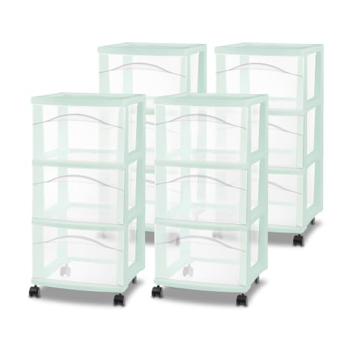 Sterilite 3-Drawer Cart with Wheels for Bedroom and Dresser, 4-Pack