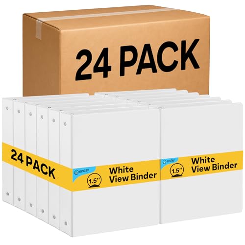 1.5 Inch Binders 3 Ring, White 1 ½ Inch Round Ring Binder with Clear View Cover & 2 Inside Pockets, School Supplies Binders (24 PC) – by Enday