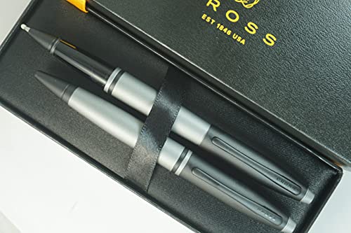 Cross A.T.Cross Calais Gray and Black, with PVD Appointments signature mid Band Selectip Black Gel Ink Rollerball pen and Ballpoint Pen set.