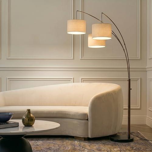 Brightech Trilage Arc Floor Lamp - Large Standing Lamp with 3 Fabric Shades & LED Bulbs for Living Room Over the Sofa, Reading, Multi-Head Traditional Tree Floor Lamp for Bedroom - Oil Rubbed Bronze