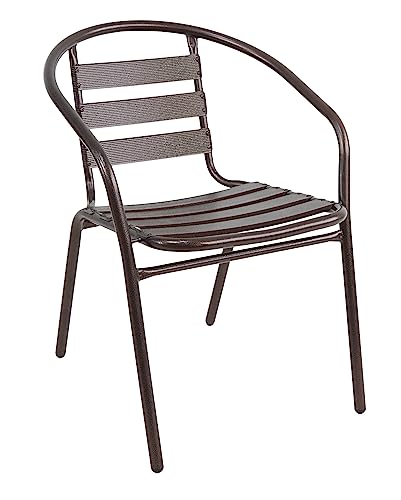 BTEXPERT Indoor Outdoor 23.75" Restaurant Stainless Steel Aluminum Metal Slat Stack Commercial Lightweight, 3 Chairs with a Square Table, Silver/Bronze