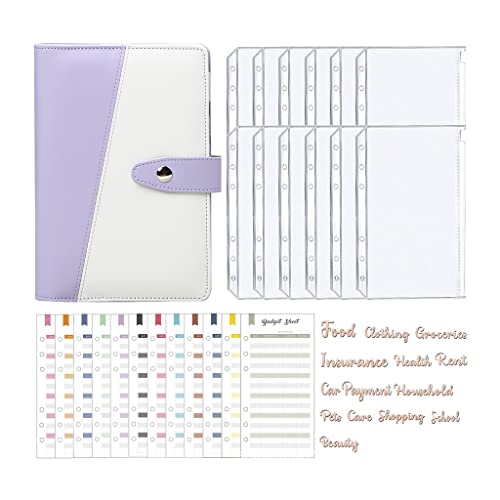 A6 PU Leather Binder Budget Planner Cash Envelope System with 12 PCS Pockets, 12PCS Expense Budger Sheets(E)